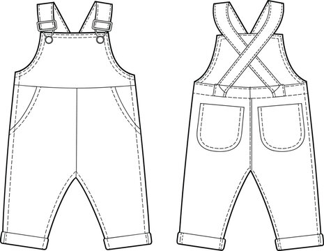 Technical flat sketch of kids denim overalls with adjustable straps and front bib pocket, front and back views, apparel template vector fashion illustration
