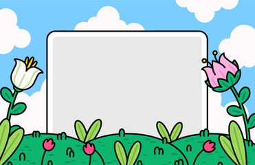 Fototapeta premium Spring garden background with colorful flowers, green grass and blue sky clouds. large blank frame in center for text, perfect for kids invitation, greeting card and seasonal poster design