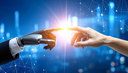 hand touching a robotic hand, fingers touching, spark 