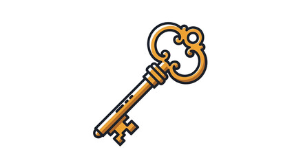 Ornate gold key on a black background, flat design, shadows