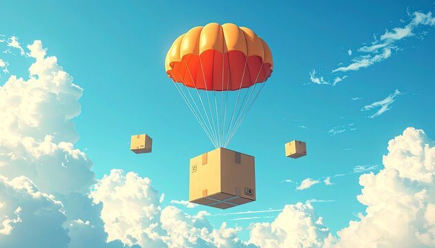 delivery boxes with parachute, blue sky background, fast shipping 