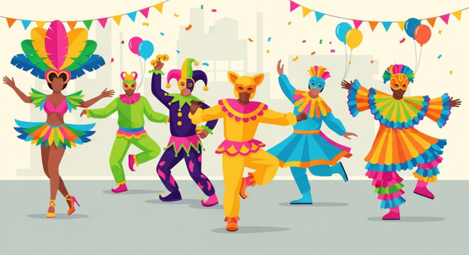 Carnival dancers in vibrant costumes celebrating colorful parade illustration for festival and party events festive atmosphere