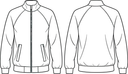 Technical flat sketch of zip up track jacket with stand collar and pockets, front and back views, apparel template illustration © Nur