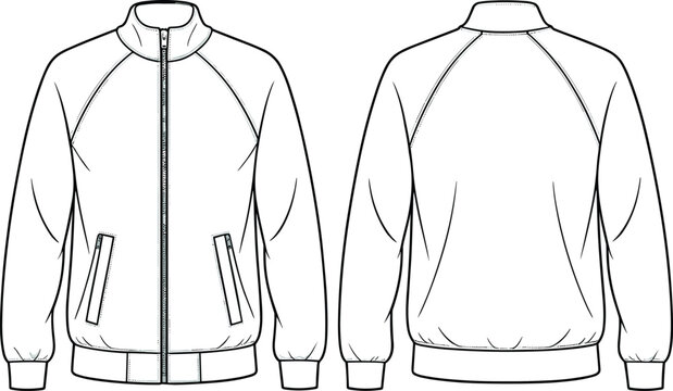 Technical flat sketch of zip up track jacket with stand collar and pockets, front and back views, apparel template illustration