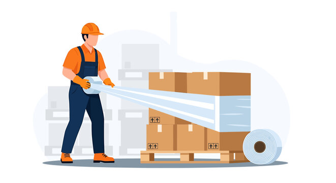 Warehouse worker wrapping boxes with plastic film for shipping.