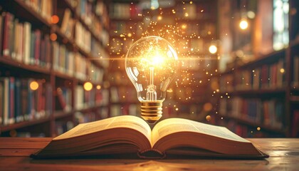 glowing light bulb floating above an open book, 
