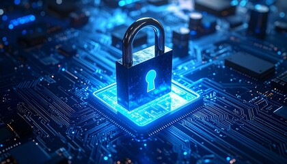 metal padlock securing a digital circuit board, 