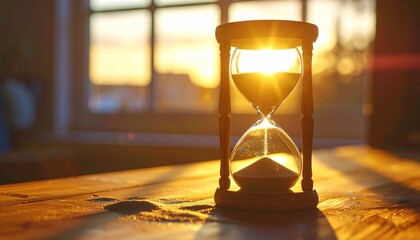 hourglass on a wooden desk with sand flowing, sunset light 