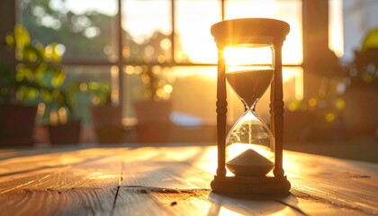 hourglass on a wooden desk with sand flowing, sunset light 