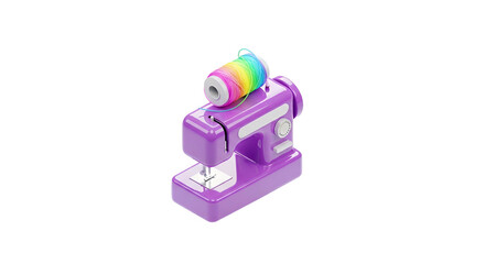 3D-rendered purple sewing machine with rainbow thread spool