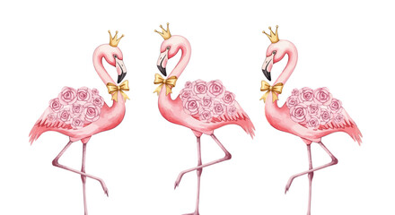 Obraz premium Cute Watercolor Flamingo Princess Illustration Set with Crown and Floral Design