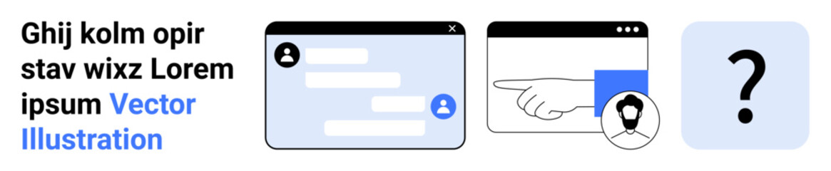 Fototapeta premium Communication, user experience, data security, identity verification, navigation, support. Chat box with profile icon, pointer on avatar icon question mark graphic. Communication and user experience