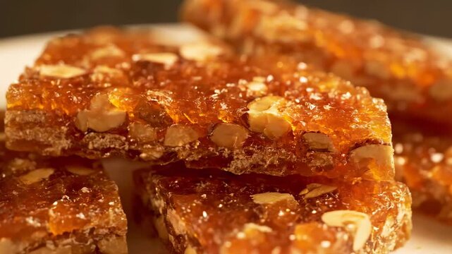 Macro Close-up of Traditional Amber Fruit Jelly Bars or Confectionery Pieces Studded with Chopped Nuts