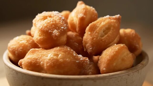 Close-up of freshly fried golden donut holes dusted with sugar, served hot and piled high in a rustic ceramic bowl for a delicious sweet dessert or snack.