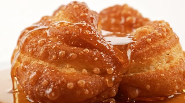 Macro Close-up of Golden Fried Pastry Drizzled with Thick Glistening Honey or Sweet Syrup, Highlighting the Appetizing Texture and Sticky Sweetness.