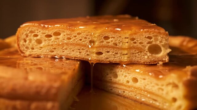 Close-up macro shot of deeply textured, layered pastry slice soaked in thick, golden honey syrup and caramel glaze dripping down the side, emphasizing aeration and sweetness.