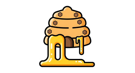 Flat, illustrated beehive with dripping honey on black background