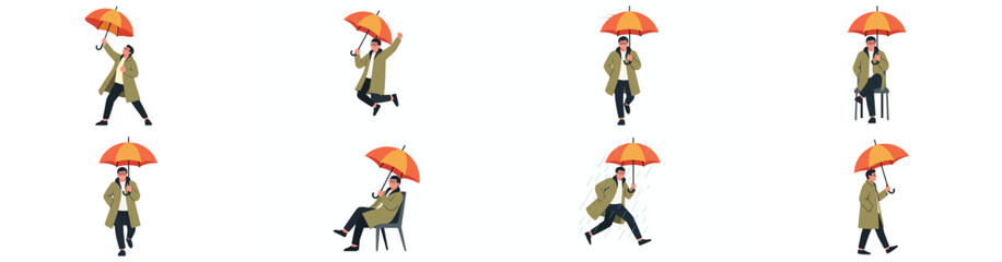 Person with umbrella in various poses, rainy weather