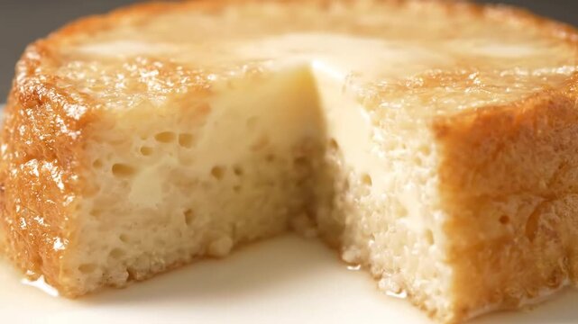 Extreme close-up of a golden sweet sponge cake or pudding (Tres Leches) soaked in creamy milk and syrup, revealing a moist and porous interior texture with a piece removed.