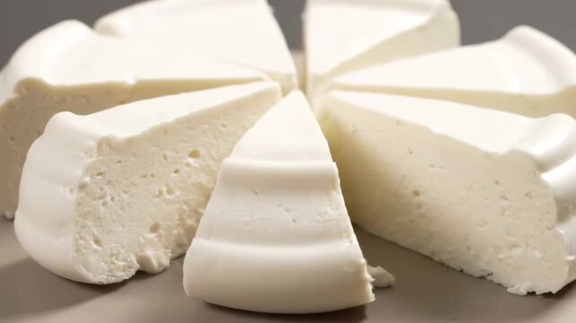 Close-up of a Round Block of Fresh White Cheese (Queso Fresco or Ricotta) Sliced into Wedges, Ready for Serving on a Neutral Studio Background.