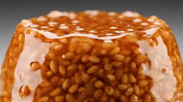 Macro Shot of Sweet Wheat Grain Pudding Dessert Molded in a Glossy Amber Caramel Glaze, Showcasing Sticky Texture and Individual Kernels