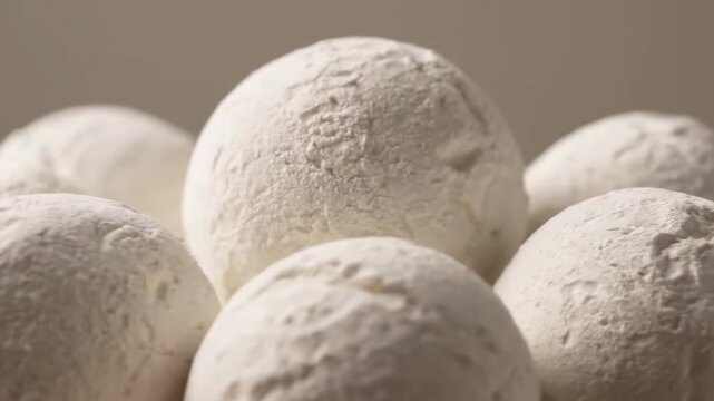 Extreme Close-Up Macro Shot of Traditional White Dried Fermented Milk Balls (Kurut or Qurut) Piled High and Covered in Fine Powder