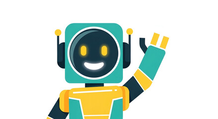 Friendly robot, teal and yellow, waving hand, black background
