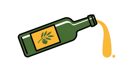 Green bottle of oil pouring with olive branch on a label