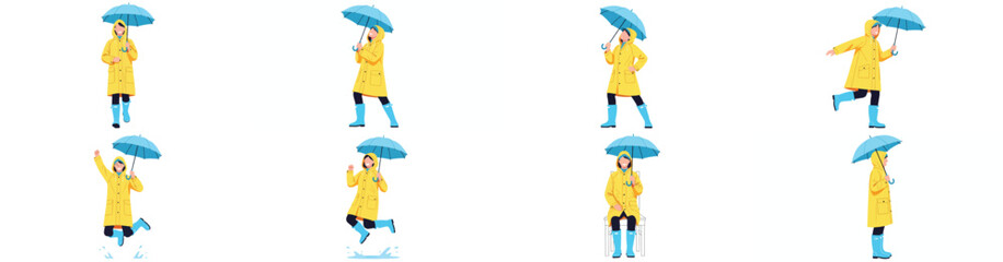 Woman in raincoat with umbrella in various poses