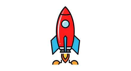 Cartoon red rocket launching with fire against a black background