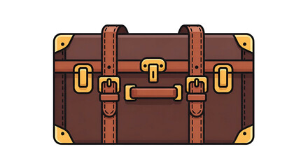 Brown vintage luggage with straps, buckles, and gold corner detailing