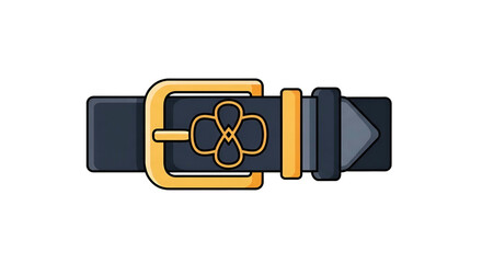 A dark blue belt with a gold buckle and floral embellishment