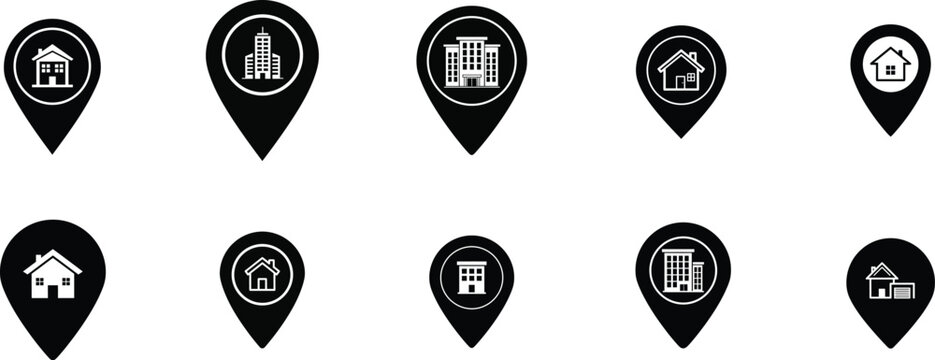 Collection of black and white location pin icons with various house and building symbols