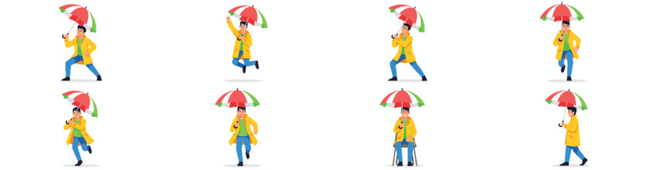 Man with umbrella in rain, various poses
