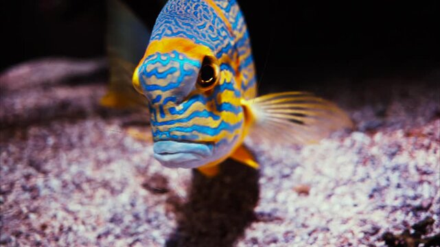 Sailfin snapper swimming underwater with vibrant yellow and blue stripes against coral reef background in slow motion