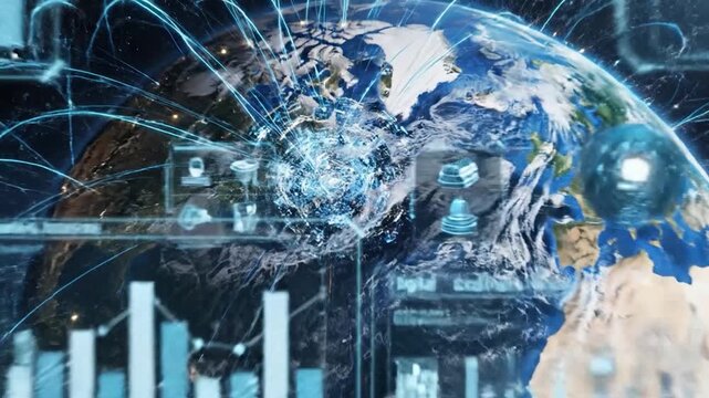 Digital network connections illuminate the planet Earth in a futuristic global