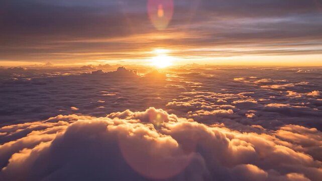 Golden sun setting over a vast expanse of f clouds from above