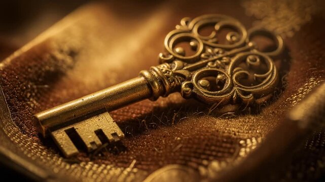 Antique vintage ornate golden key on textured fabric background close up detailed macro shot