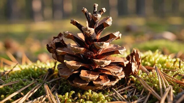 A single brown pine cone rests on a vibrant green mossy forest floor bathed