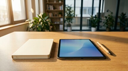 Fototapeta premium A portable tablet computer with a blank digital screen sits on a wooden office desk for business communication and wireless internet technology