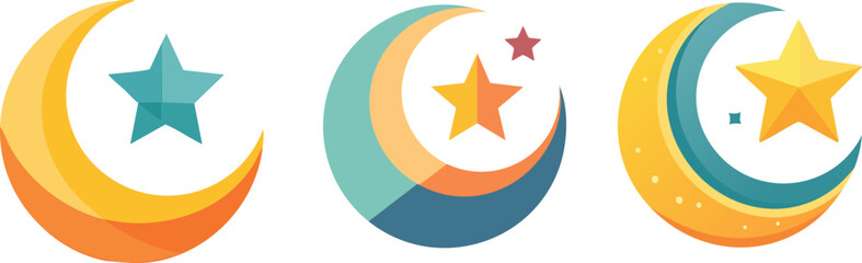 Set of colorful crescent moon and stars flat vector icons