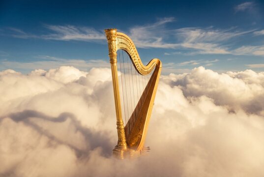 Large golden concert harp floating high in the blue sky above a dense layer of white clouds