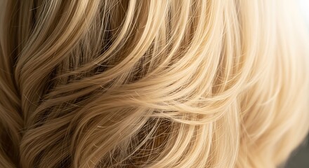 Naklejka premium Close-up of layered, wavy, light-blonde hair with a soft, warm sheen
