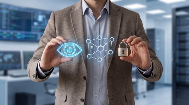 Businessman presenting eye, network, and padlock icons in modern office