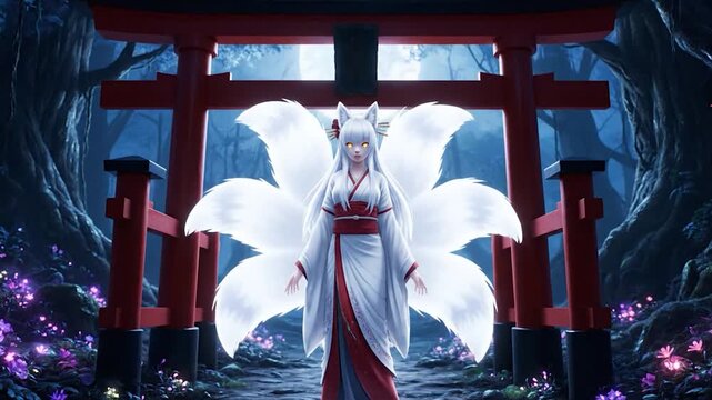 Mystical Kitsune Spirit in Enchanted Forest with Torii Gates and Glowing Flowers.