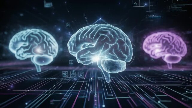 Futuristic digital brain technology concept with glowing neural network and data visualization