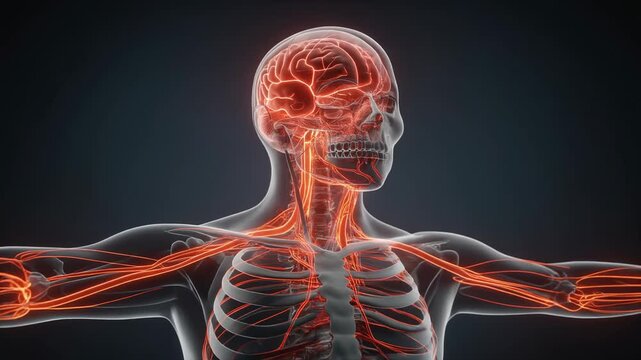 Detailed 3D medical illustration of human nervous system with brain, nerves, and skeleton anatomy