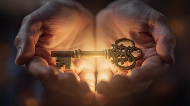 Close-up of hands holding an antique vintage key glowing with warm light symbolizing security and opportunity