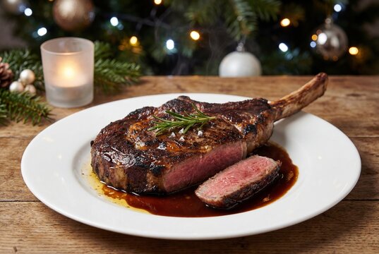 Grilled tomahawk steak on a white plate with rosemary and sauce set against a festive christmas background