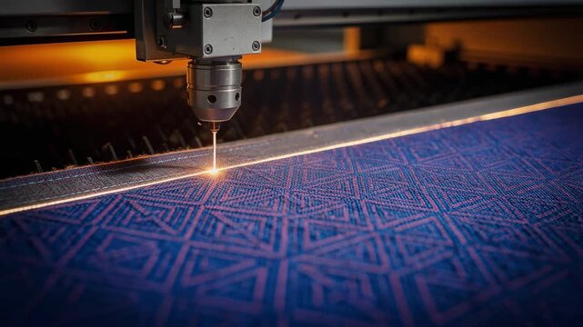 Close up of laser cutting machine engraving intricate geometric pattern on blue fabric with sparks flying